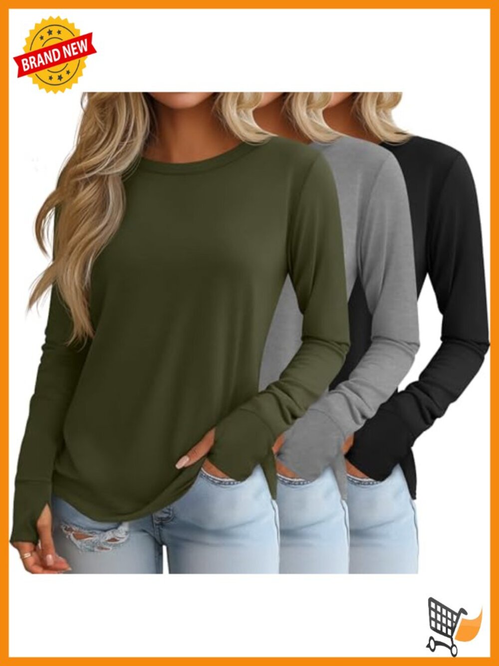 Womens 3 Pack 95 Cotton Long Sleeve Crew Neck Tunics Thumb Holes